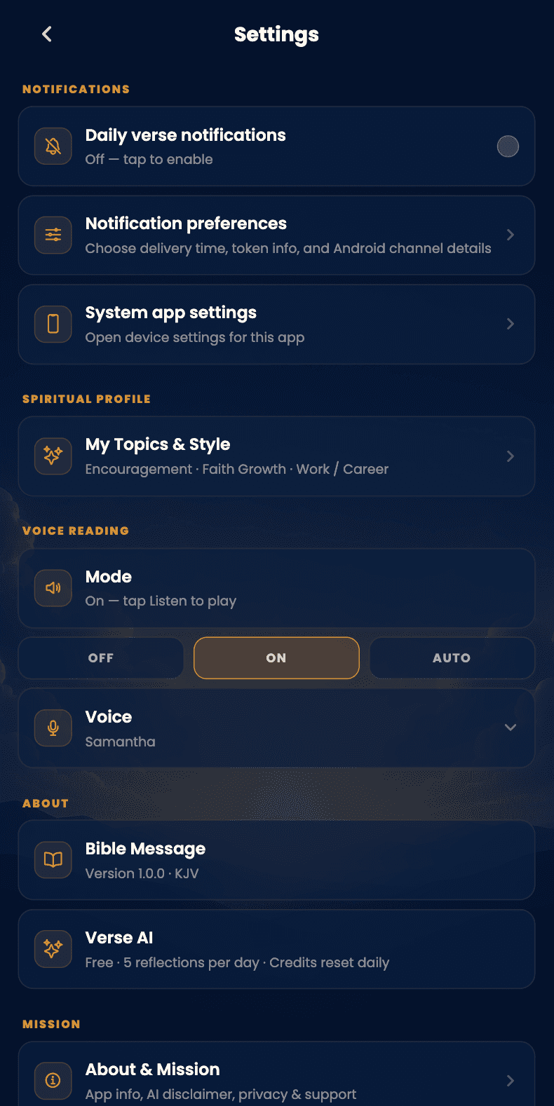 Bible Message settings screen